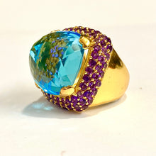 Sterling Silver Gold Plated Blue Topaz and Amethyst Ring