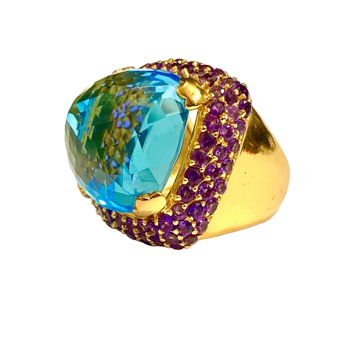 Sterling Silver Gold Plated Blue Topaz and Amethyst Ring