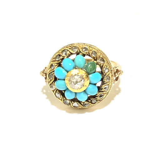 Antique 9ct Rose Gold, Yellow Diamond and Turquoise Dress Ring