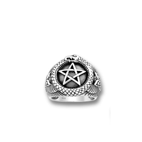 925 Sterling Silver Oxidized Star, Ouroboros and Owl Ring