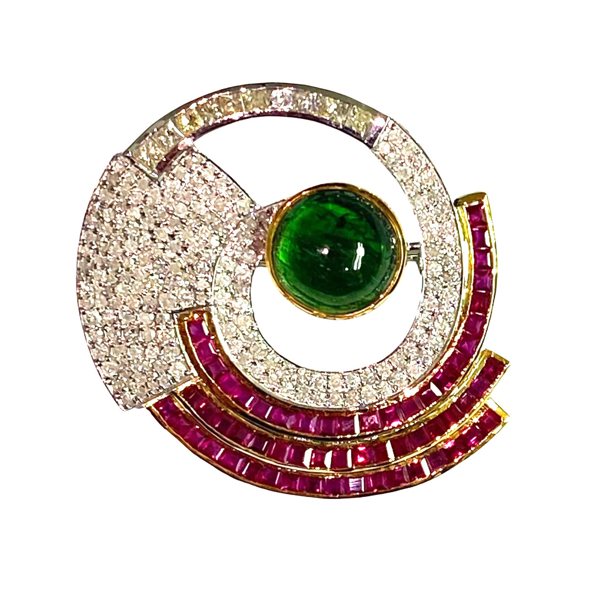 Green Tourmaline, Ruby and Diamond Brooch