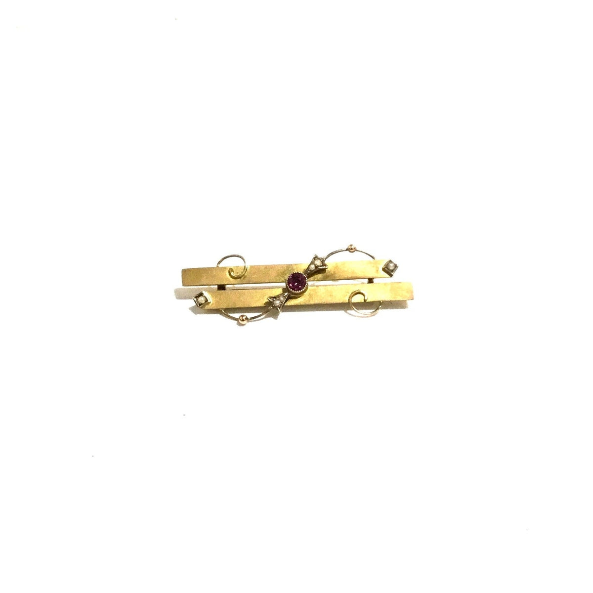 Antique 9ct Yellow Gold Ruby and Seed Pearl Bar Brooch