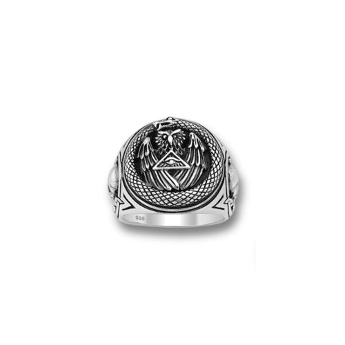 925 Sterling Silver Oxidized Ouroboros, Owl And Skull Ring