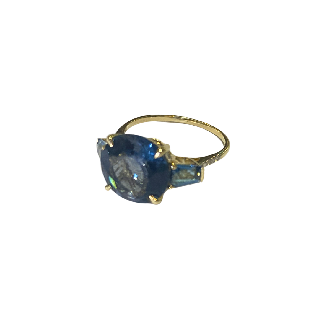 9ct Yellow Gold Diamond and London Blue Topaz Ring