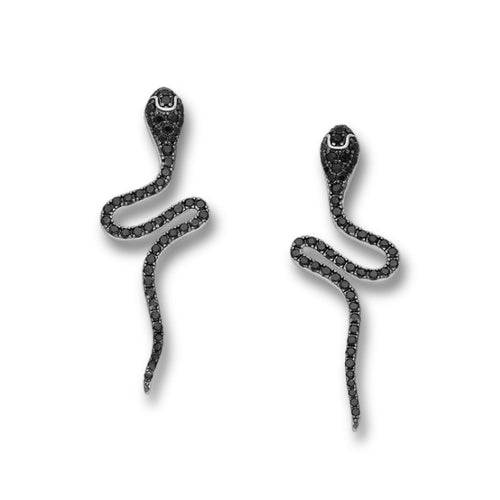 Sterling Silver Snake Push-Back Earrings, Decorated with Black Spinel