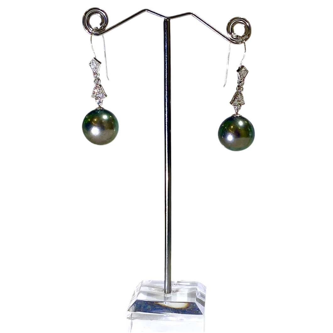 9ct White Gold 14mm Black Tahitian Pearl and Diamond Drop Earrings