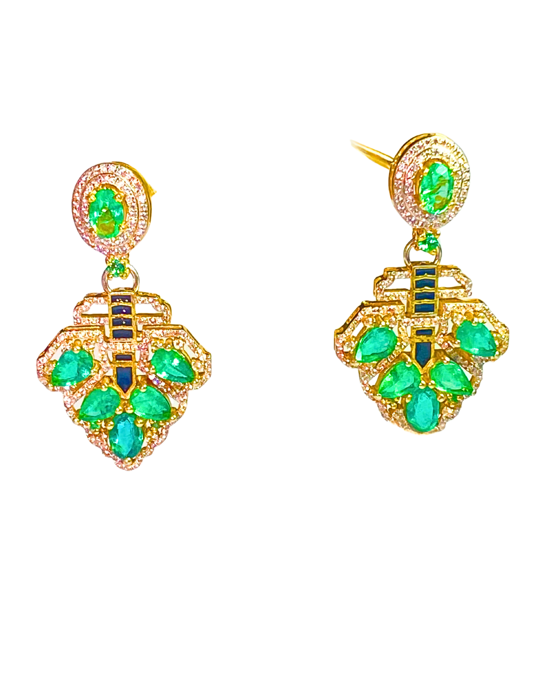 Art Deco Style Emerald and Diamond  Drop Earrings