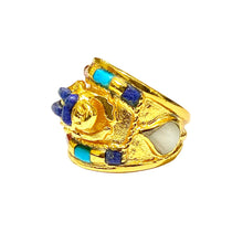 Sterling Silver Gold Plated Turquoise, Coral and Lapis Lazuli Scarab Ring