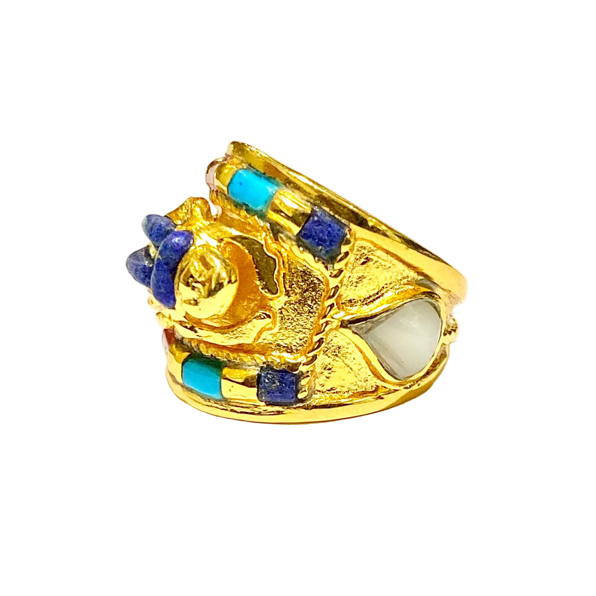 Sterling Silver Gold Plated Turquoise, Coral and Lapis Lazuli Scarab Ring