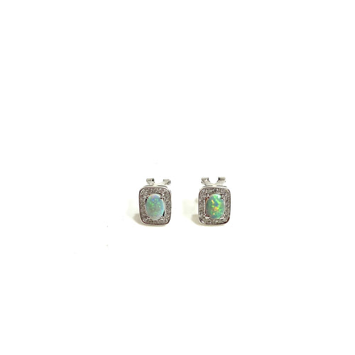 Vintage Modernist 14ct White Gold Opal and Diamond Studs