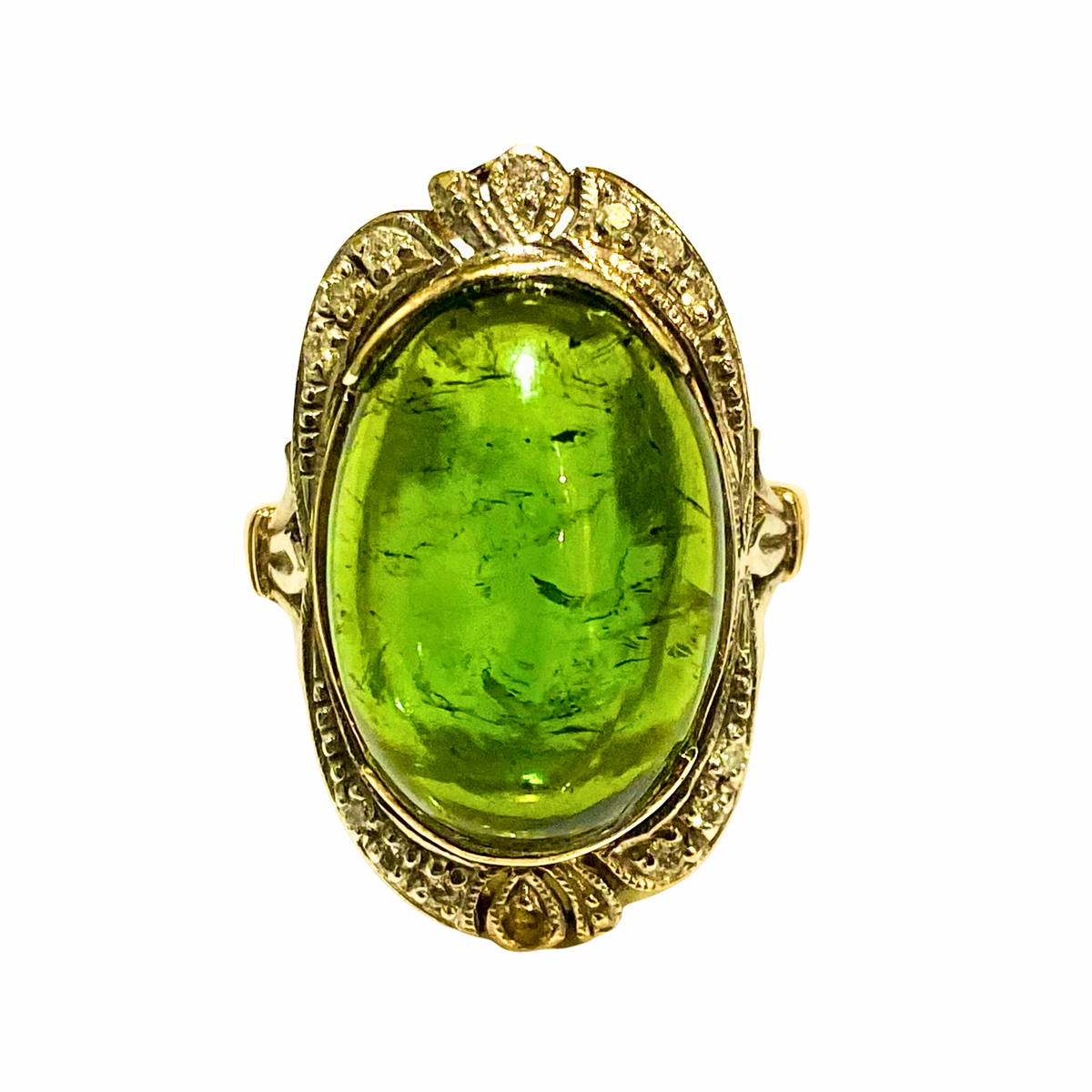 Chrome Green Tourmaline & Diamond Ring in 9ct Yellow Gold