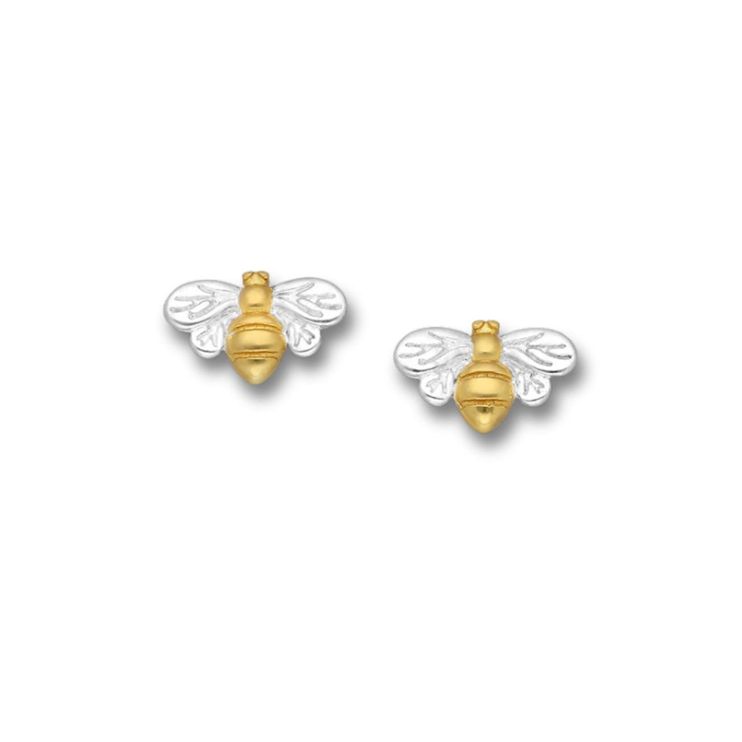 Sterling Silver Bee Stud Earrings, Plated with Yellow Gold