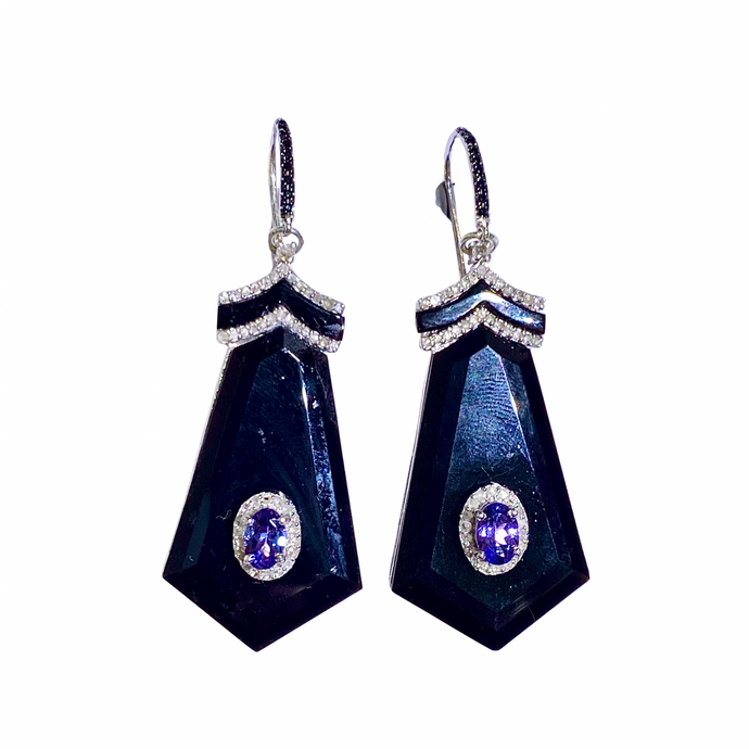 Sterling Silver Tanzanite, Diamond and Black Onyx Drop Earrings