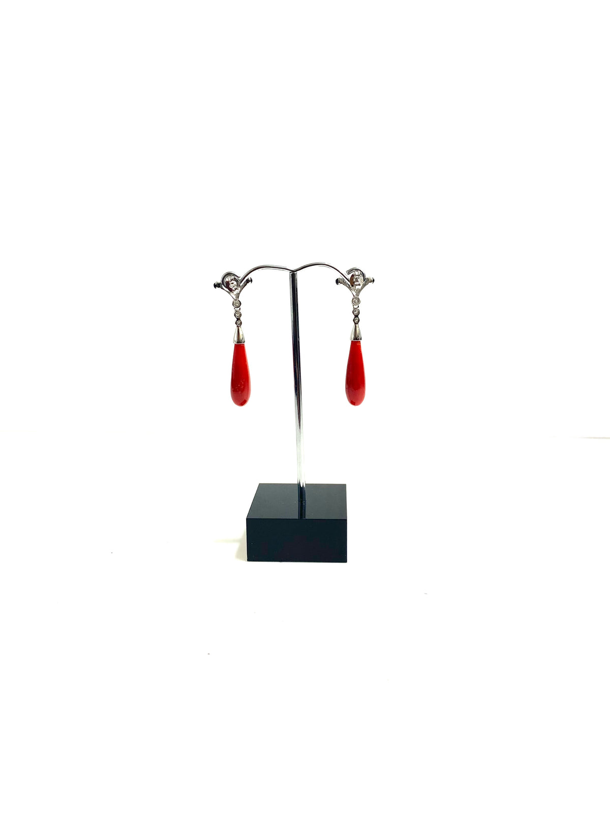 9ct White Gold Momo Coral, Black Onyx and Diamond Earrings