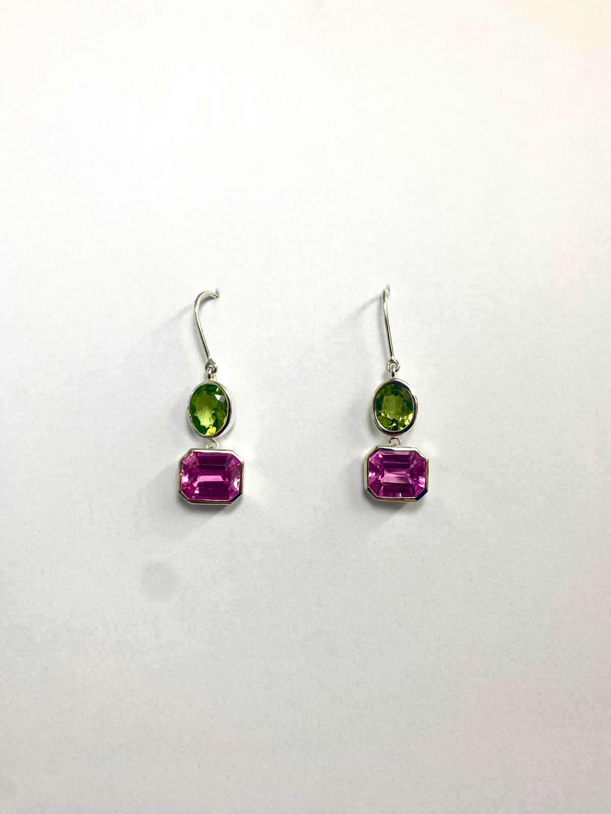 Synthetic Pink Sapphire & Peridot Drop Set Earrings in Sterling Silver