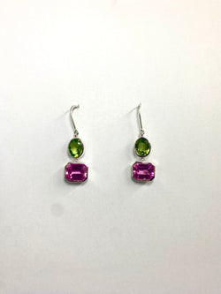 Synthetic Pink Sapphire & Peridot Drop Set Earrings in Sterling Silver