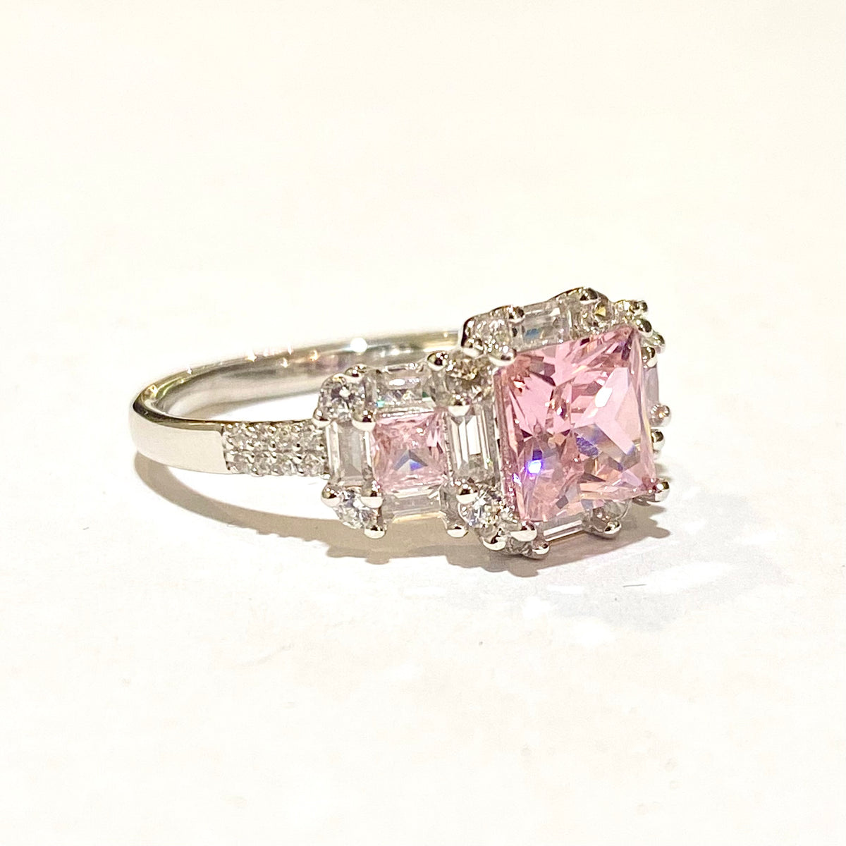 Sterling Silver Pink CZ Princess Ring
