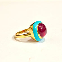 Sterling Silver Gold Plated Turquoise Enamel and Ruby Ring