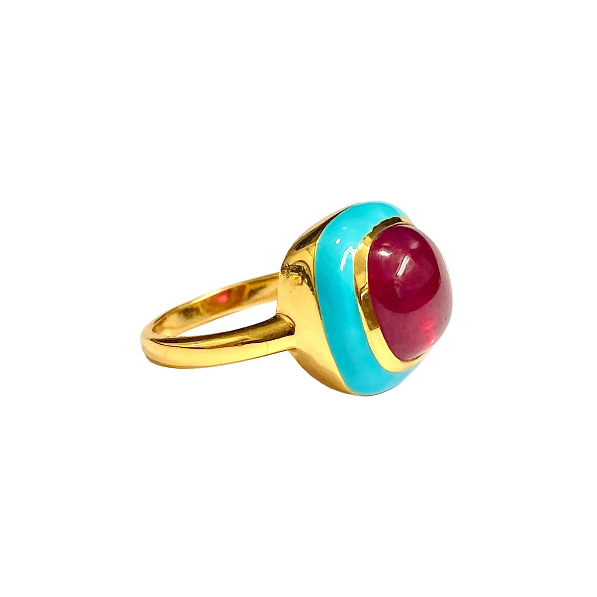Sterling Silver Gold Plated Teal Enamel and Ruby Ring