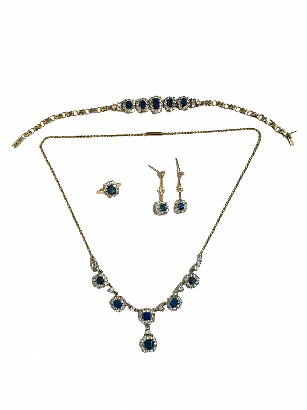 Antique 9ct White Gold Blue Sapphire Evening Set – Necklace, Earrings, Ring & Bracelet