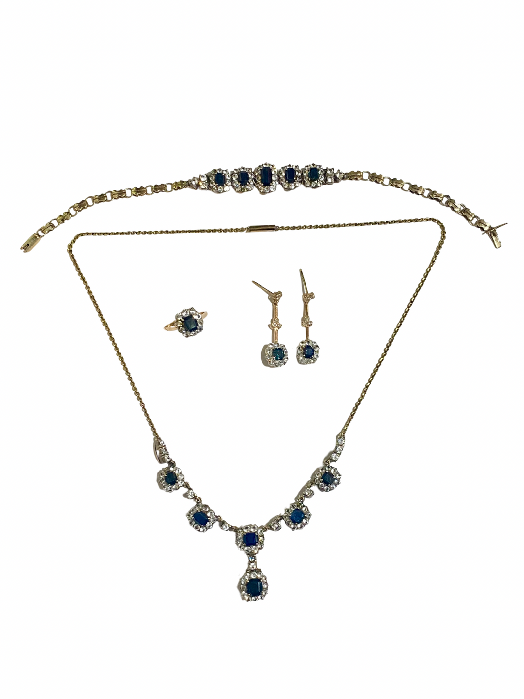 Antique 9ct White Gold Blue Sapphire Evening Set – Necklace, Earrings, Ring & Bracelet