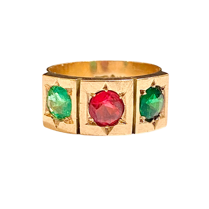 9ct Rose Gold Emerald and Pink Tourmaline Gypsy Band
