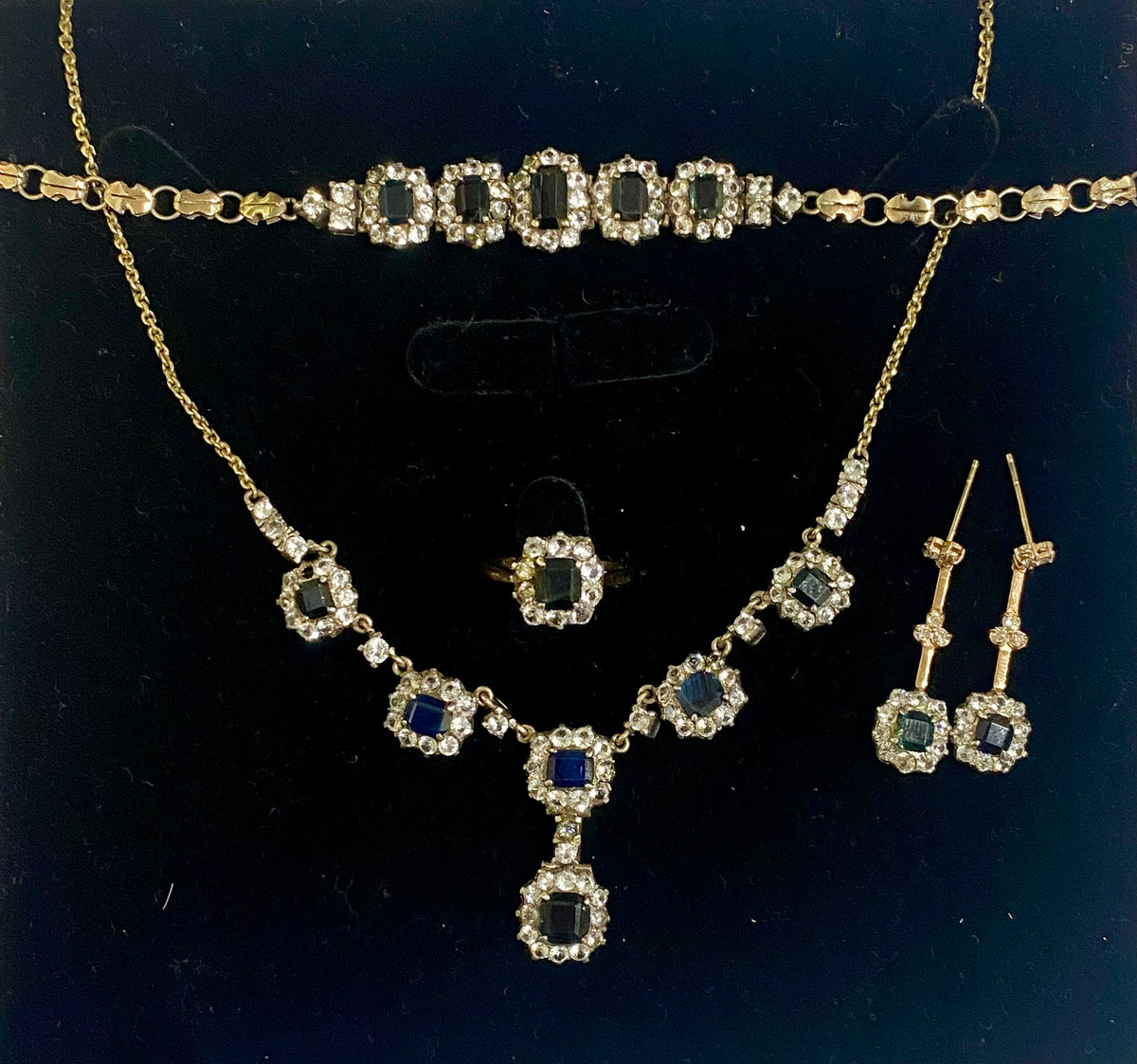 Antique 9ct White Gold Blue Sapphire Evening Set – Necklace, Earrings, Ring & Bracelet