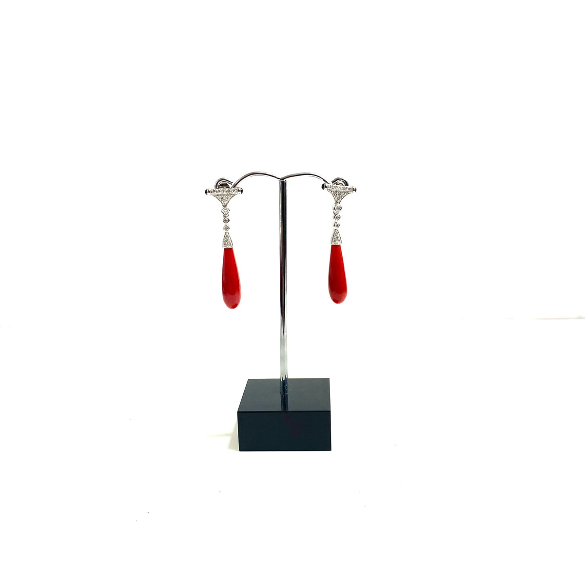 9ct White Gold Momo Coral, Black Onyx and Diamond Earrings