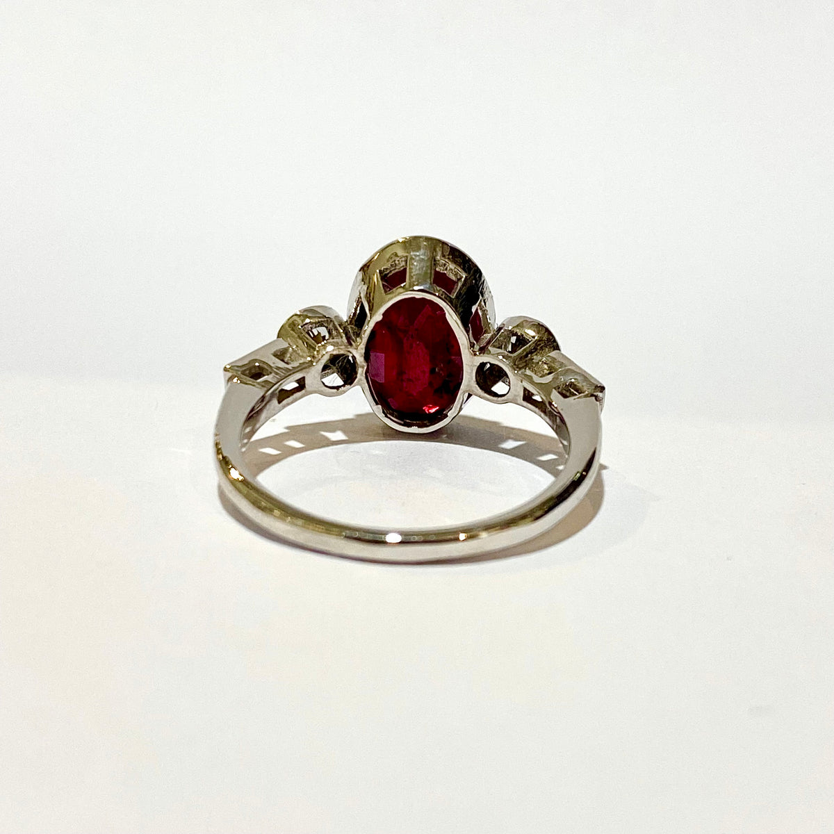 9ct White Gold, Ruby and Brilliant cut, Baguette cut Diamond Ring