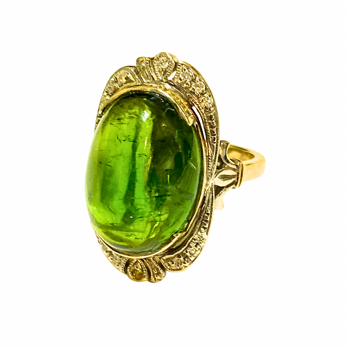 Chrome Green Tourmaline & Diamond Ring in 9ct Yellow Gold