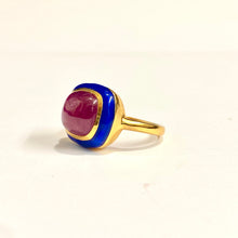 Sterling Silver Gold Plated Navy Enamel and Ruby Ring
