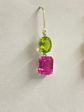 Sterling Silver Peridot and Synthetic Pink Sapphire Drop Earrings