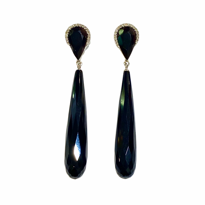 Sterling Silver Diamond and Black Onyx Briolette Drop Earrings
