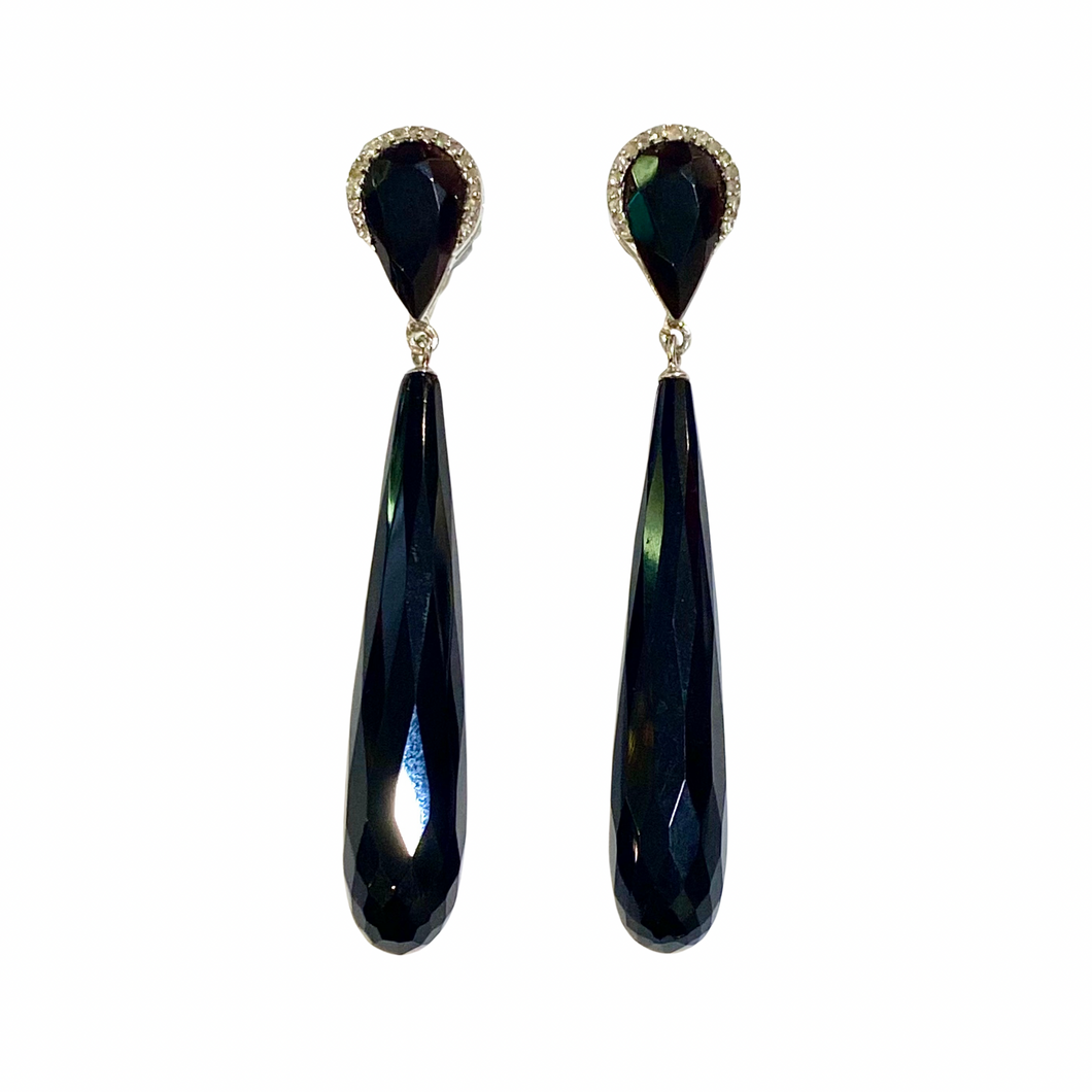 Sterling Silver Diamond and Black Onyx Briolette Drop Earrings