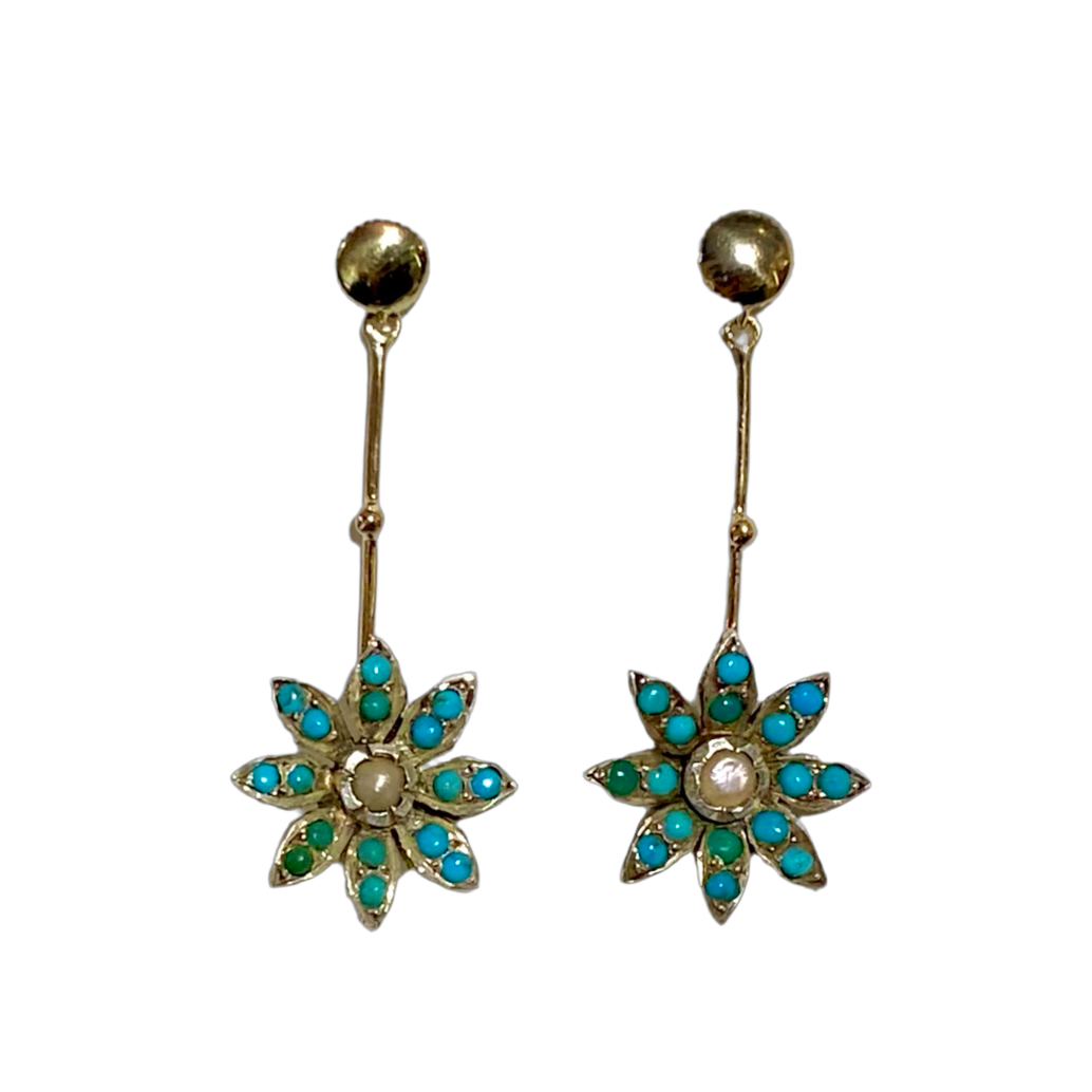 9ct Gold Seed Pearl and Turquoise Antique Earrings