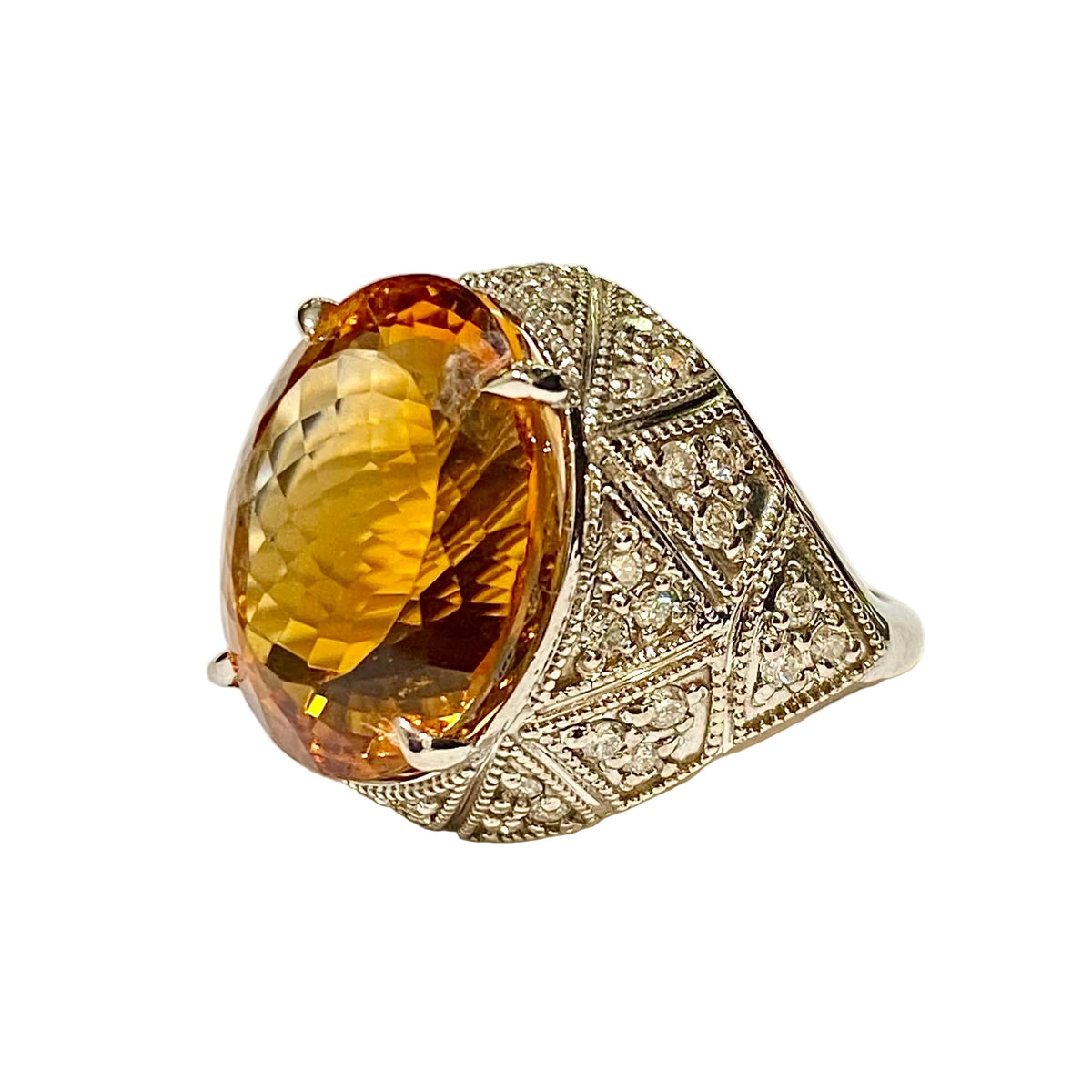 9ct White Gold Citrine and Diamond Art Deco Style Ring