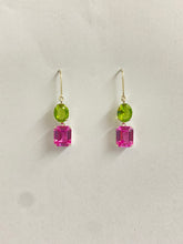 Sterling Silver Peridot and Synthetic Pink Sapphire Drop Earrings