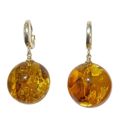 Sterling Silver Amber Sphere Drop Earrings – 20mm Diameter, 40mm Drop