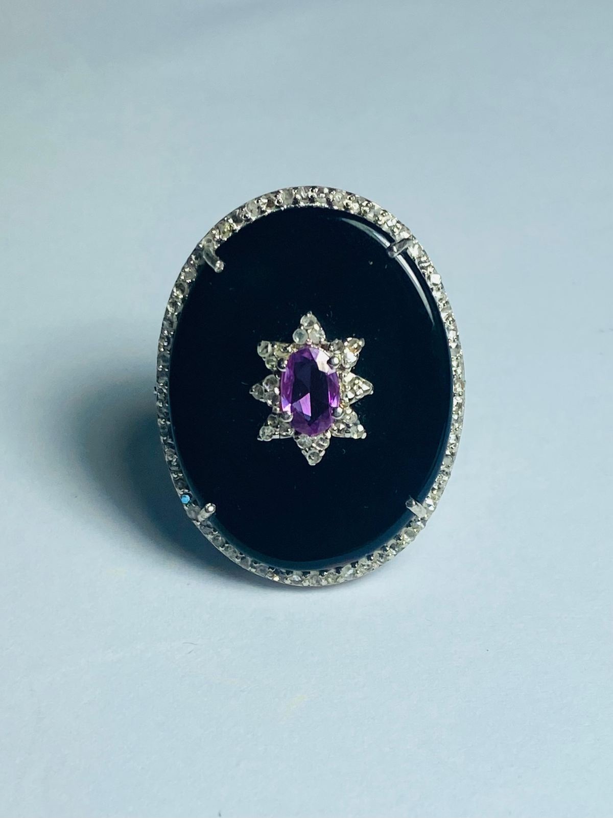 Sapphire Onyx and Diamond Ring in Sterling Silver