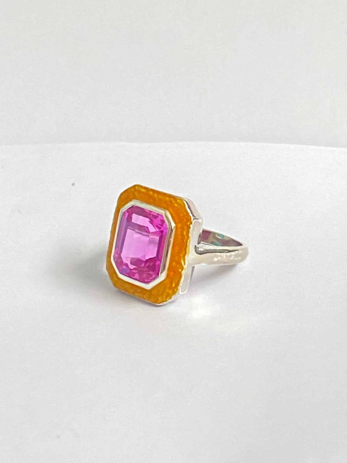 Sterling Silver Synthetic Pink Sapphire and Enamel Ring