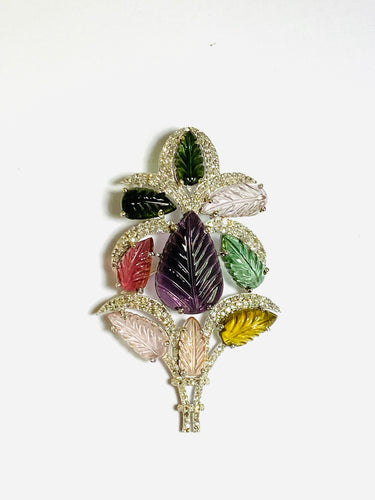 Sterling Silver Rhodium-Plated Tourmaline and Cubic Zirconia Brooch