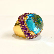 Sterling Silver Gold Plated Blue Topaz and Amethyst Ring
