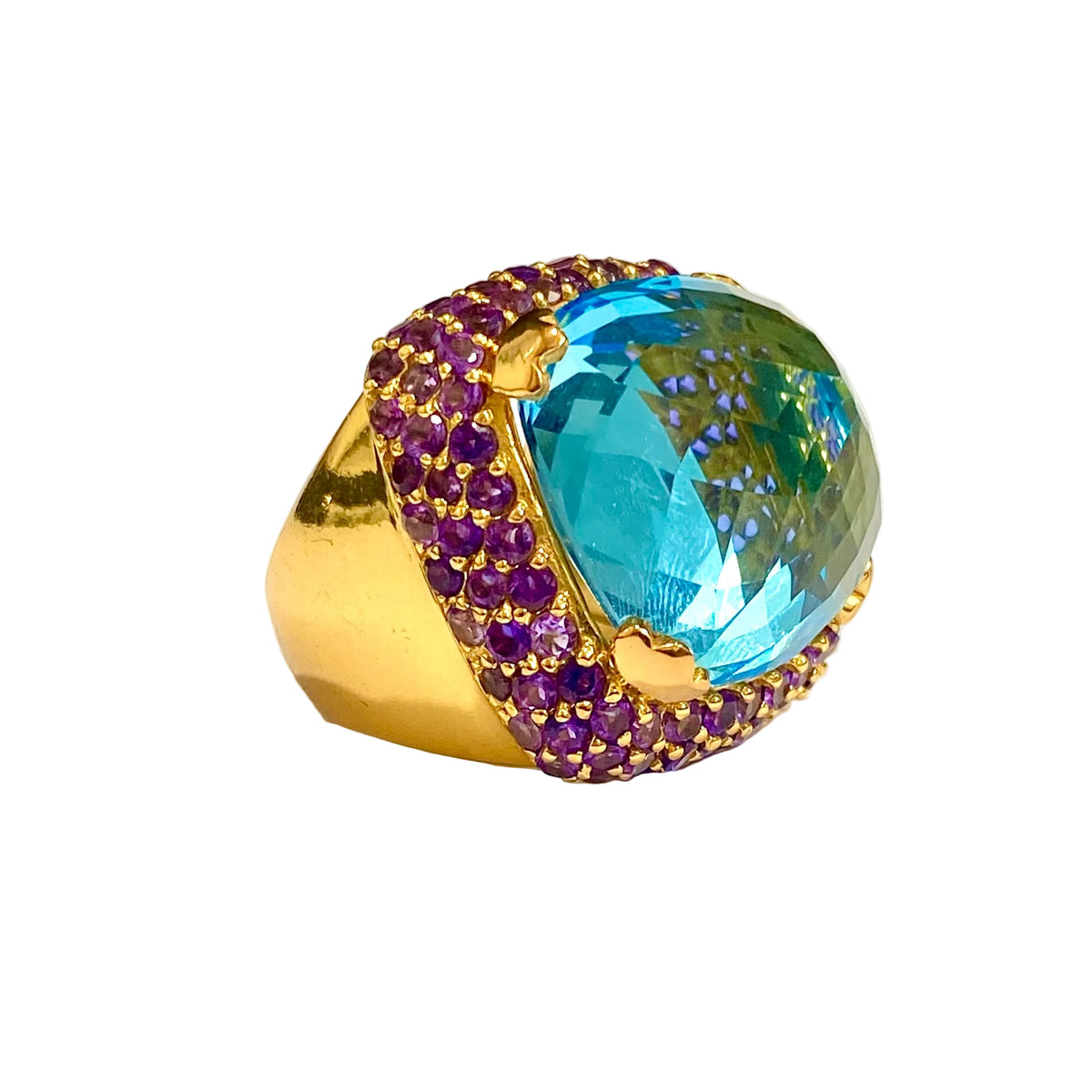 Sterling Silver Gold Plated Blue Topaz and Amethyst Ring