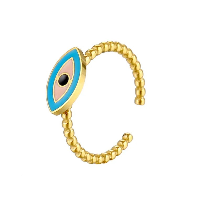Gold Plated Blue and Pink Enamel Evil Eye Ring