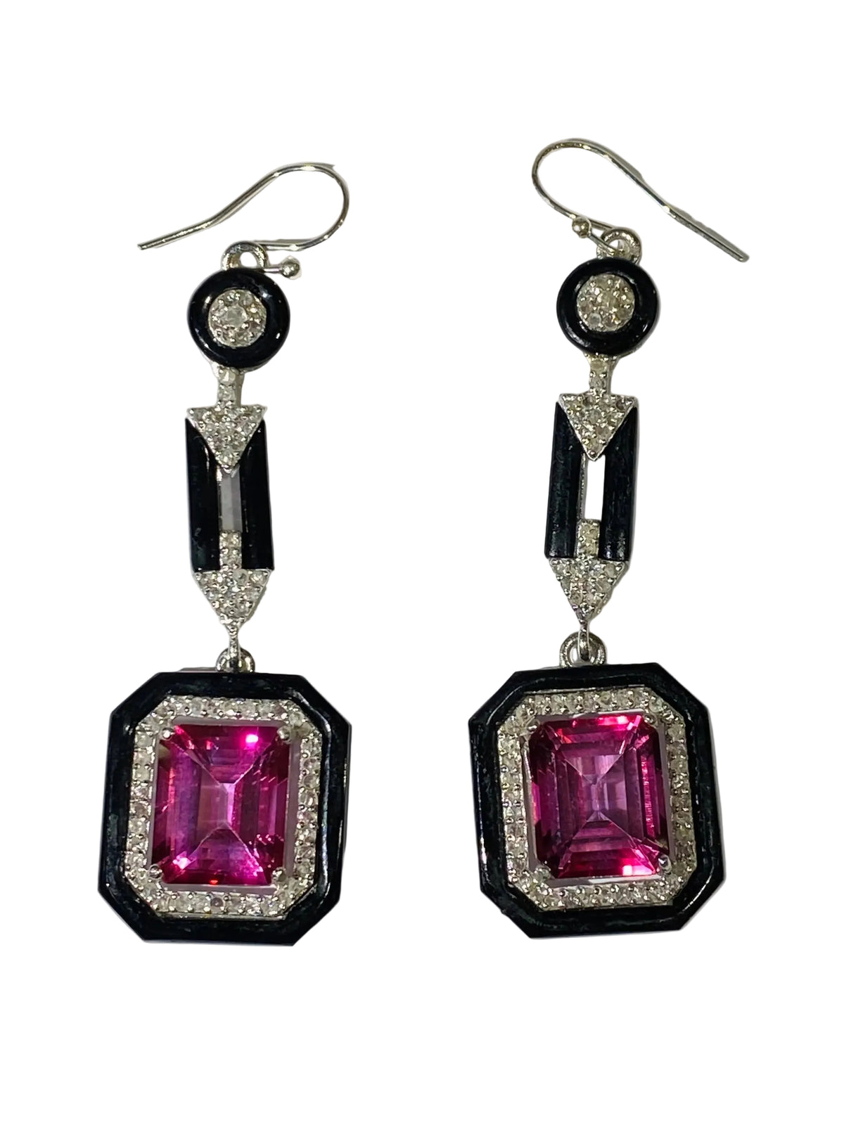Pink Topaz Diamond and Onyx Sterling Silver Earrings