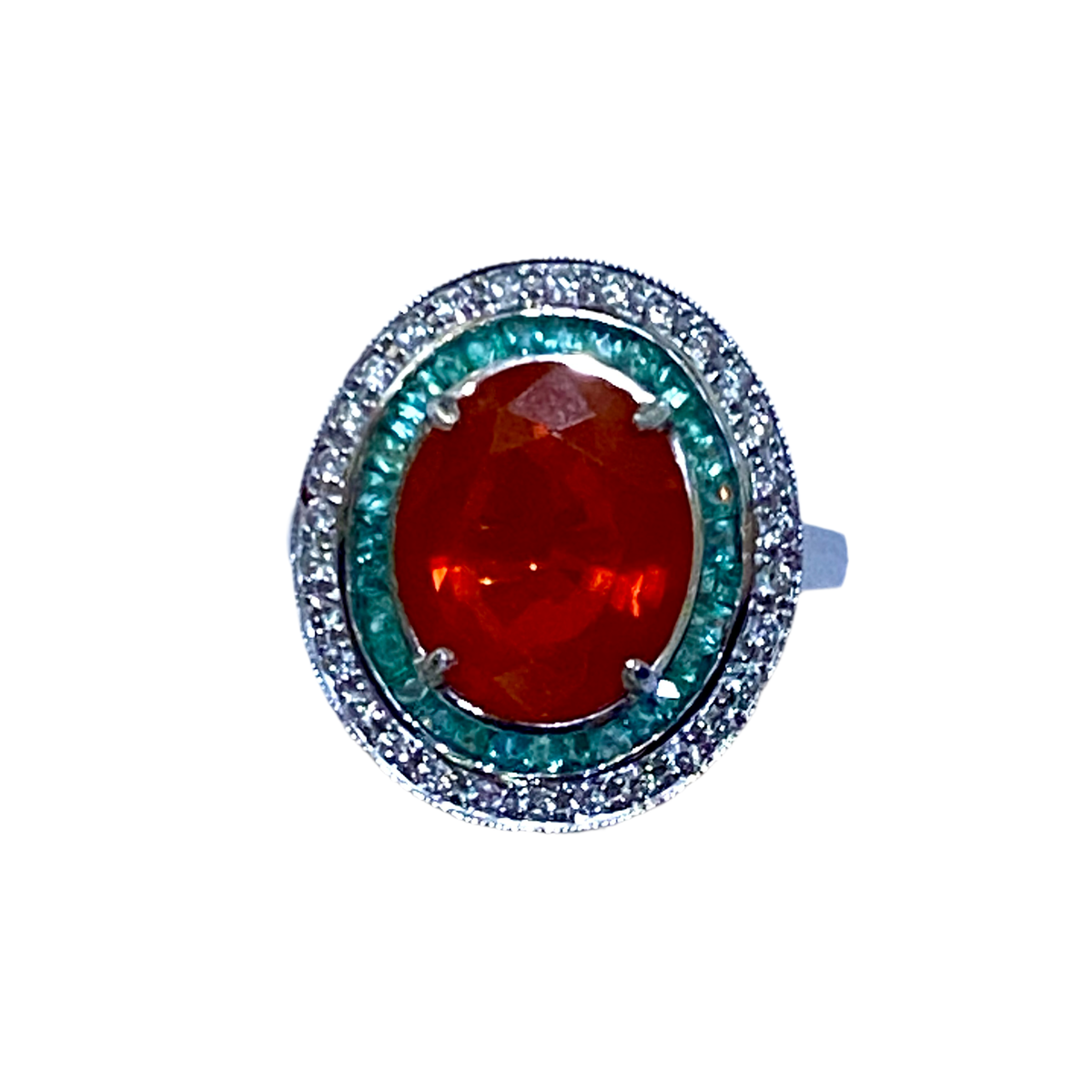 9ct White Gold Mexican Fire Opal, Emerald and Diamond Ring