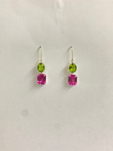 Sterling Silver Peridot and Synthetic Pink Sapphire Drop Earrings