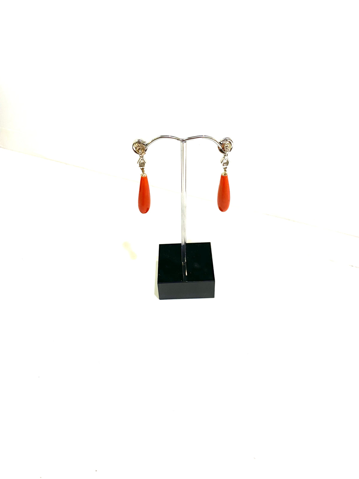 9ct White Gold Momo Coral, Black Onyx and Diamond Earrings
