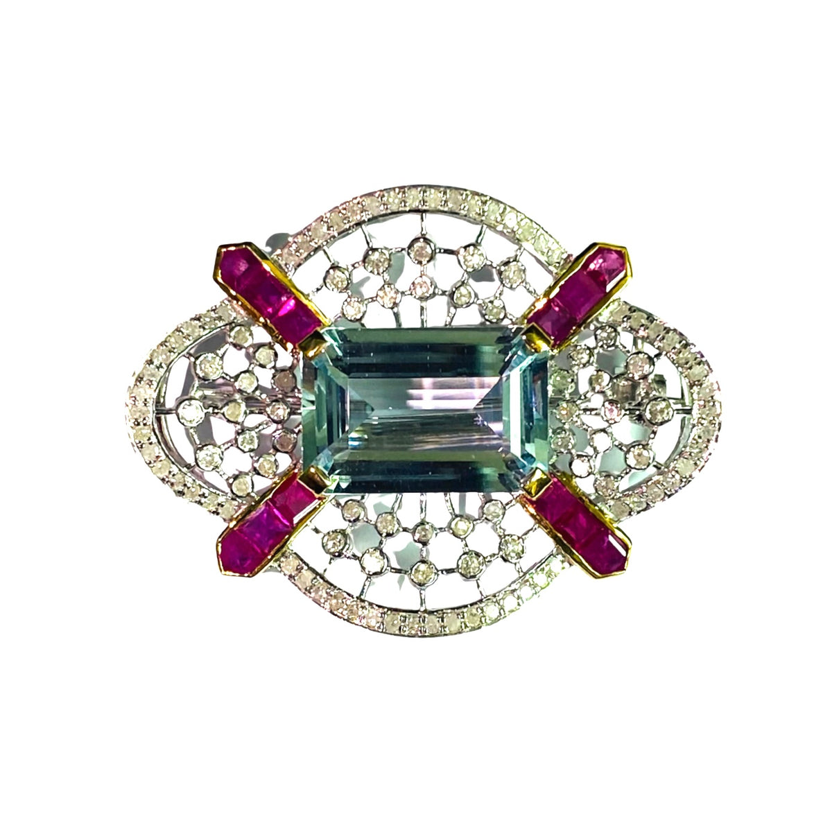 Aquamarine, Ruby and Diamond Brooch