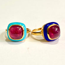 Sterling Silver Gold Plated Turquoise Enamel and Ruby Ring